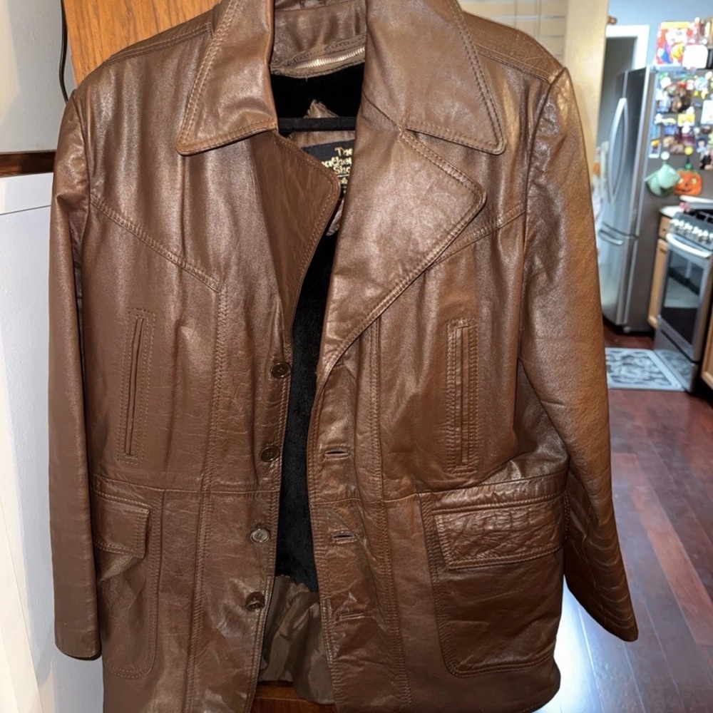 Vintage The Leather Shop Men’s Brown Genuine Leather Jacket 40 Long Coat Korea